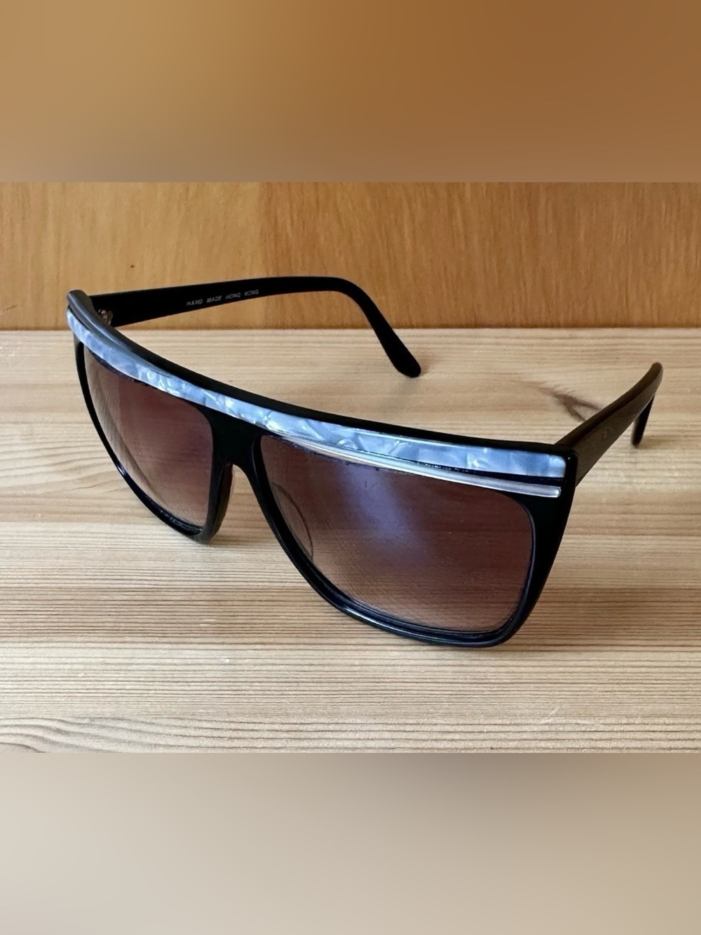 Vintage Black Sunglasses Double Brow Bar Gray Pearl Round Purple Lens Hong Kong